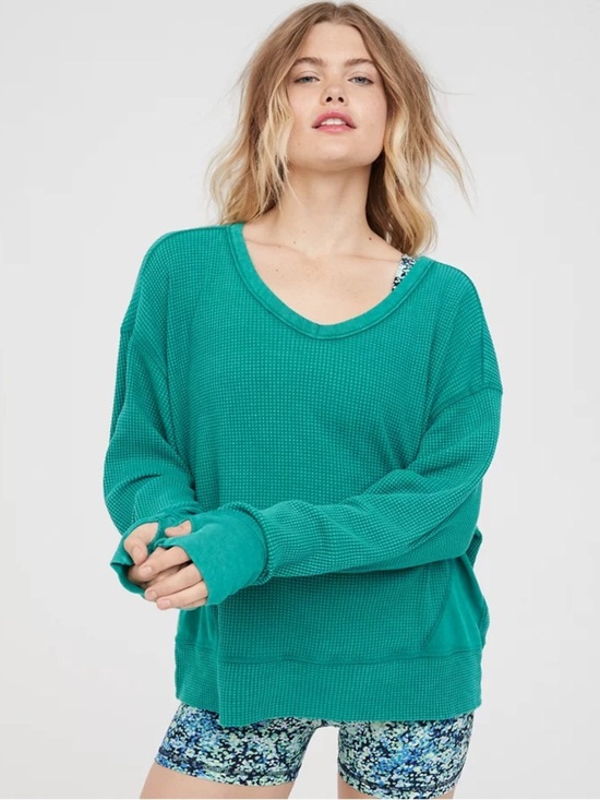 aerie Tops - Offline by Aeri Wow! Green Waffle-Knit Long Sleeve Oversized Lounge Tee Sz Med